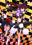  aono3 black_hair black_wings brown_hair camera checkered checkered_skirt cross-laced_footwear film_cartridge film_strip geta hat himekaidou_hatate multiple_girls necktie pointy_ears purple_eyes red_eyes shameimaru_aya short_hair skirt tengu-geta tokin_hat touhou twintails wings 