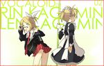  1girl alternate_costume aqua_eyes blonde_hair blush brother_and_sister crossdressing enmaided glasses hair_ribbon kagamine_len kagamine_rin kaimuari maid necktie otoko_no_ko ribbon school_uniform short_hair siblings twins undressing vocaloid 