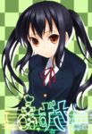  bad_id bad_pixiv_id black_hair checkered k-on! laco_soregashi long_hair nakano_azusa neck_ribbon orange_eyes red_ribbon ribbon school_uniform solo twintails 