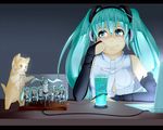  aqua_eyes aqua_hair bridal_gauntlets cat chorus computer elbow_gloves fingerless_gloves glass gloves hachune_miku hatsune_miku hatsune_miku_(append) laptop long_hair minigirl multiple_girls necktie nyanmaru smile twintails vocaloid vocaloid_append 