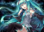  aqua_eyes aqua_hair colored_eyelashes detached_sleeves eyelashes hatsune_miku long_hair necktie night night_sky open_mouth rella skirt sky smile solo star_(sky) starry_sky thighhighs twintails very_long_hair vocaloid wallpaper 
