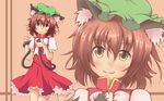  animal_ears bow brown_eyes brown_hair cat_ears cat_tail chen dress earrings hat highres jewelry multiple_tails short_hair simple_background smile solo tail touhou waizu zoom_layer 