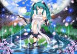  aqua_eyes aqua_hair belt bridal_gauntlets elbow_gloves fingerless_gloves gloves hatsune_miku hatsune_miku_(append) highres long_hair navel necktie oimari smile solo thighhighs twintails very_long_hair vocaloid vocaloid_append wading water zettai_ryouiki 