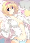  alice_margatroid bad_id bad_pixiv_id bed blonde_hair blue_eyes blue_panties blush breasts cleavage collarbone frills hairband heart kinoko large_breasts lying navel no_bra no_pants on_back open_clothes open_shirt panties pillow shirt short_hair solo touhou underwear white_shirt 