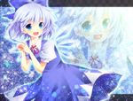  blue_eyes blue_hair bow cirno dress glowing hair_bow open_mouth ribbon runako short_hair smile solo sparkle touhou wings zoom_layer 