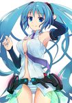  absurdres aqua_eyes aqua_hair armpits belt bridal_gauntlets elbow_gloves fingerless_gloves gloves hands hatsune_miku hatsune_miku_(append) highres hoippu long_hair navel necktie panties simple_background smile solo striped striped_panties twintails underwear very_long_hair vocaloid vocaloid_append 