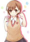  bad_id bad_pixiv_id brown_eyes brown_hair digital_media_player earbuds earphones earphones_removed misaka_mikoto mukunoki_nanatsu school_uniform short_twintails skirt smile solo sweater_vest to_aru_majutsu_no_index twintails 