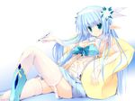  bad_id bad_pixiv_id blue_hair dart garter_belt headband kuon_itsuki long_hair original pillow pointy_ears sitting solo thighhighs 