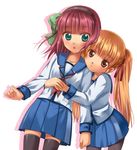  angel_beats! blonde_hair brown_eyes hairband hug long_hair multiple_girls pantyhose purple_hair school_uniform sensaki_chihiro serafuku short_hair thighhighs twintails yuri_(angel_beats!) yusa_(angel_beats!) zettai_ryouiki 