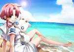  aria aria_pokoteng barefoot beach breast_press breasts cloud day feet green_eyes hair_tubes kagura_(anomalo-anima) lens_flare medium_breasts mizunashi_akari ocean outdoors pink_hair short_hair_with_long_locks sidelocks sitting sky soaking_feet solo sun uniform water 