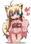  ahoge animal_ears barefoot blonde_hair chibi collar green_eyes japanese_clothes kimono kuroneko_liger long_hair obi original sash solo tail tiger_ears tiger_tail very_long_hair 