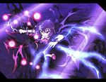  black_hair black_legwear danmaku dress electricity fingernails houjuu_nue kneeling lark_(artist) letterboxed purple_eyes short_hair solo thighhighs touhou wings 