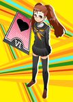  alternate_hairstyle bad_id bad_pixiv_id bespectacled blush brown_hair card cosplay crossover floating_card glasses hair_up idolmaster idolmaster_(classic) kugimiya_rie kujikawa_rise kujikawa_rise_(cosplay) legs long_hair minase_iori ookami_maito persona persona_4 school_uniform seiyuu_connection smile solo tarot the_lovers thighhighs twintails zettai_ryouiki 