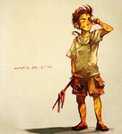  animal animal_on_head australia_(hetalia) axis_powers_hetalia bandaid bluefox brown_hair bug flag male_focus on_head sandals shirt shorts snake solo spider squinting standing stick t-shirt younger 