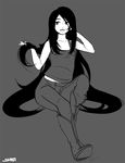  adjusting_hair adventure_time bare_shoulders boots fangs full_body greyscale long_hair looking_away marceline_abadeer monochrome open_mouth shoji-ikari signature simple_background sitting solo tank_top vampire very_long_hair 