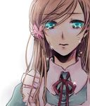  alternate_eye_color apron aqua_eyes axis_powers_hetalia bangs bow bowtie brown_hair close-up face flower frills hair_flower hair_ornament hungary_(hetalia) long_hair puffy_sleeves sad shaded_face solo swept_bangs tears white_background yuh 