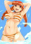  armpits arms_up bikini braid day freckles highres lens_flare long_hair navel orange_hair red_eyes rothery_serue shiny shiny_skin shu-z skindentation solo splashing striped striped_bikini super_robot_wars super_robot_wars_the_lord_of_elemental swimsuit twin_braids 