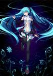  absurdres aqua_hair aqua_nails barefoot bridal_gauntlets closed_eyes flower glowing hatsune_miku hatsune_miku_(append) highres long_hair lying nail_polish nana_mikoto navel neon_trim solo thighhighs twintails very_long_hair vocaloid vocaloid_append water 