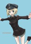  arms_up bad_id bad_pixiv_id blonde_hair erica_hartmann green_eyes gu-chi hat solo strike_witches uniform world_witches_series 