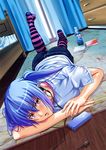  :o bad_id bad_pixiv_id bed blue_hair blush book bottle cellphone curtains drawer drink dutch_angle earphones feet foreshortening hands leg_up legwear_under_shorts lying on_stomach original pantyhose pepsi phone product_placement purple_legwear shorts solo striped striped_legwear twintails yamakeitokokoro yellow_eyes 