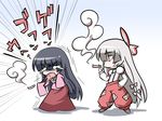  black_hair bow chibi cigarette coughing fujiwara_no_mokou hair_bow hair_ribbon houraisan_kaguya long_hair multiple_girls ribbon suspenders touhou yukiduki 