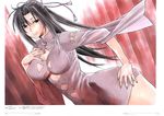  black_eyes black_hair breasts cleavage_cutout curtains dress dutch_angle fingernails gokurakuin_sakurako hair_ribbon hand_on_hip highres impossible_clothes impossible_shirt kazehana large_breasts long_fingernails long_hair nail_polish no_bra ribbon scan sekirei shirt short_dress smile solo standing turtleneck wide_hips 