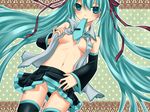  aqua_eyes aqua_hair breasts detached_sleeves hatsune_miku long_hair medium_breasts mouth_hold navel necktie panties skirt smile solo striped striped_panties thighhighs twintails underwear undressing very_long_hair vocaloid yayoi_(egoistic_realism) 