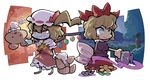  blonde_hair blue_eyes bow flandre_scarlet hair_bow hat hounori medicine_melancholy multiple_girls red_eyes short_hair side_ponytail touhou wings 