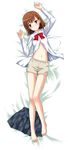  absurdres barefoot brown_eyes brown_hair dakimakura feet full_body highres kamiko_to_seiryoku legs lying md5_mismatch misaka_mikoto navel plaid plaid_skirt shorts skirt skirt_removed solo to_aru_kagaku_no_railgun to_aru_majutsu_no_index undressing uniform 