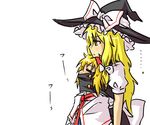  alice_margatroid blonde_hair covered_mouth hat inside_clothes kirisame_marisa multiple_girls shared_clothes touhou witch_hat yellow_eyes yomegane yuri 