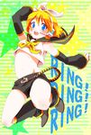  absurdres blonde_hair blue_eyes hair_ornament hair_ribbon hairclip headphones highres jumping kagamine_rin navel ribbon short_hair shorts smile solo tsuyusaki vocaloid 