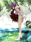  adjusting_clothes adjusting_swimsuit ass bad_id bad_pixiv_id bangs blush breasts brown_hair covered_nipples dappled_sunlight day from_behind gradient_hair hijiri_byakuren kneepits large_breasts light_rays long_hair looking_at_viewer looking_back multicolored_hair parted_lips purple_eyes purple_hair rock sidelocks solo sparkle stomach stream sunbeam sunlight swimsuit thighs touhou tree tsuki_hana very_long_hair wading 