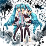  aqua_eyes aqua_hair bad_id bad_pixiv_id barefoot bridal_gauntlets detached_sleeves dual_persona hatsune_miku hatsune_miku_(append) legs long_hair microphone moyuki multiple_girls necktie sitting skirt thighhighs twintails very_long_hair vocaloid vocaloid_append 