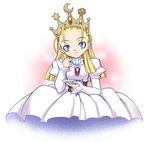  antenna_hair blonde_hair blue_eyes brooch crown cup cyberbots devilot_de_deathsatan_ix dress forehead hair_slicked_back jewelry long_hair ruuen_rouga solo teacup 