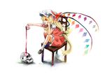  blonde_hair blood bow chair chin_rest cup flandre_scarlet frea full_body hat knees_up long_hair red_eyes shoes simple_background sitting skull socks solo teacup touhou wings 