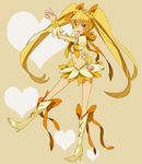 blonde_hair boots bow choker cure_sunshine hagiko hair_ribbon happy heart heartcatch_precure! highres knee_boots legs long_hair magical_girl midriff myoudouin_itsuki navel orange_eyes orange_skirt potpourri_(heartcatch_precure!) precure ribbon skirt smile twintails very_long_hair yellow yellow_background yellow_bow 