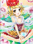  at_classics barefoot bishamonten's_pagoda blonde_hair collarbone feet flower hair_ornament highres lotus marker_(medium) sample shawl short_hair solo toes toramaru_shou touhou traditional_media yellow_eyes 