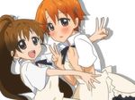  apron blush brown_eyes brown_hair inami_mahiru long_hair multiple_girls open_mouth orange_eyes orange_hair ponytail rumia_(compacthuman) short_hair taneshima_popura v very_long_hair waitress working!! 