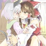  animal_ears blush bow brown_eyes brown_hair detached_sleeves eye_contact face grey_hair hair_bow hakurei_reimu hands hands_clasped looking_at_another mouse_ears mouse_tail multiple_girls naughty_face nazrin own_hands_together red_eyes sape_(saperon_black) short_hair tail touhou you_gonna_get_raped yuri 