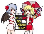  :d bat_wings blonde_hair blue_hair blush_stickers elbow_gloves fang fangs flandre_scarlet gloves midriff multiple_girls no_hat no_headwear open_mouth ponytail race_queen red_eyes remilia_scarlet sakurato_tsuguhi short_hair siblings side_ponytail sisters smile thighhighs touhou umbrella white_legwear wings 