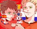  2010_fifa_world_cup 6+boys axis_powers_hetalia bad_id bad_pixiv_id belgium_(hetalia) blonde_hair brown_hair flag germany_(hetalia) green_eyes grin horn_(instrument) japan_(hetalia) male_focus multiple_boys netherlands_(hetalia) northern_italy_(hetalia) octopus paul_the_octopus pipe scar short_hair smile soccer southern_italy_(hetalia) spain_(hetalia) spiked_hair sui vuvuzela world_cup 