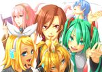  4girls aqua_eyes aqua_hair bad_id bad_pixiv_id blonde_hair blue_hair book brown_hair green_nails hair_ribbon hatsune_miku headphones headset kagamine_len kagamine_rin kaito megurine_luka meiko mrzn multiple_boys multiple_girls nail_polish pink_hair pink_nails reading red_eyes red_nails ribbon short_hair smile takoluka tentacles twintails vocaloid 