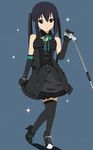  asymmetrical_clothes bad_id bad_pixiv_id black_hair bow brown_eyes collar detached_sleeves dress elbow_gloves frills gloves high_heels highres k-on! long_hair microphone microphone_stand mismatched_footwear nakano_azusa shoes skirt socks solo thighhighs twintails yunotimo 
