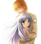  1girl angel_beats! blazer chin_rest closed_eyes comforting hand_on_another's_head hinata_keiichi hug jacket long_hair orange_hair otonashi_(angel_beats!) school_uniform short_hair silver_hair tears tenshi_(angel_beats!) yellow_eyes 