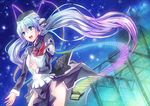  absurdres black_hair blue_hair green_eyes hair_ribbon hand_on_own_chest happy hat highres hoshino_yumemi long_hair necktie night no_panties open_mouth planetarian planetarium ribbon shimaji sketch skirt skirt_flip sky smile solo star_(sky) starry_sky twintails very_long_hair 