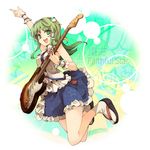  clog_sandals frog green_eyes green_hair guitar hair_ornament instrument jumping kochiya_sanae legs long_hair miniskirt skirt smile snake solo tabi touhou uruu_gekka 