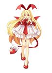  bare_legs bat_wings blonde_hair bow demon_tail detached_sleeves disgaea fang flonne flonne_(fallen_angel) full_body high_heels legs leotard long_hair makai_senki_disgaea official_art pointy_ears red_eyes red_leotard red_wings ribbon shoes simple_background solo standing tail tail_bow trinity_universe tsunako white_background wings 