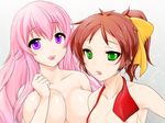  2girls baka_to_test_to_shoukanjuu blush breasts brown_hair highres himeji_mizuki long_hair mizuki_himeji multiple_girls nipples pink_hair shimada_minami 