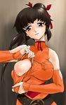  artist_request belt black_hair breasts elbow_gloves final_fantasy final_fantasy_unlimited gloves head_tilt large_breasts lisa_pacifist long_hair nipples red_eyes solo sweat torn_clothes 