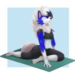  blue_fur bra canine chest_tuft clothing dusk_lycanroc eyes_closed fangs female fur jewelry lycanroc mammal mane nintendo pkuai pok&eacute;mon pok&eacute;mon_(species) shiny_pok&eacute;mon solo sports_bra tuft underwear video_games white_fur yoga yoga_mat yoga_pants 